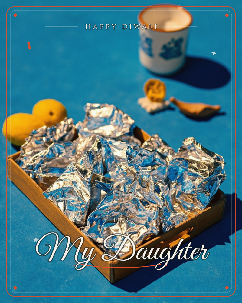 A wooden tray piled with foil-wrapped sweets catches hard sunlight against a bold blue tabletop, a diwali e-card design