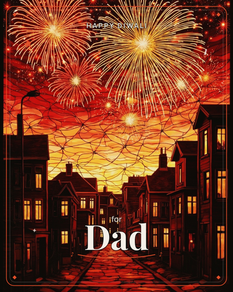 A cobbled street lined with terraced houses glows amber from lit windows beneath a sky ablaze with fireworks, a diwali e-card design
