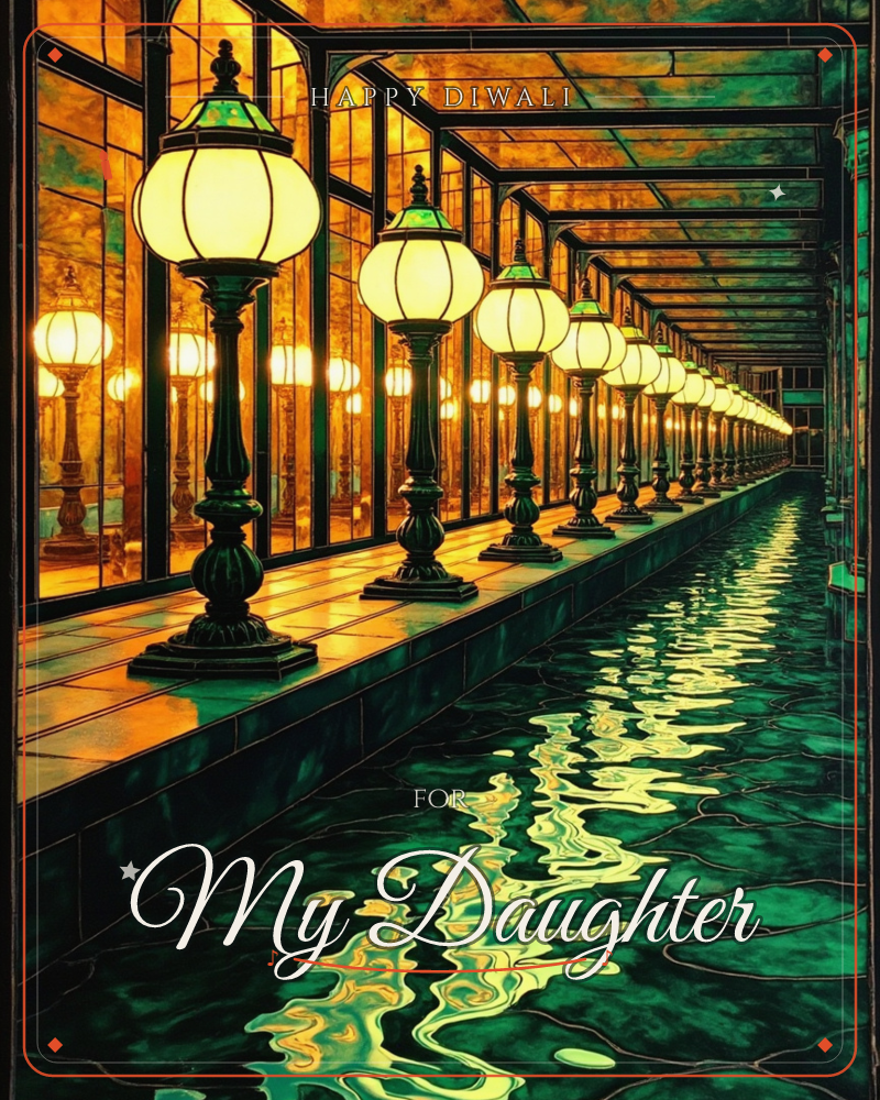 A row of ornate glass lampposts glows along a covered walkway beside a dark, glassy canal, their amber light rippling across the emerald water below, a diwali e-card design