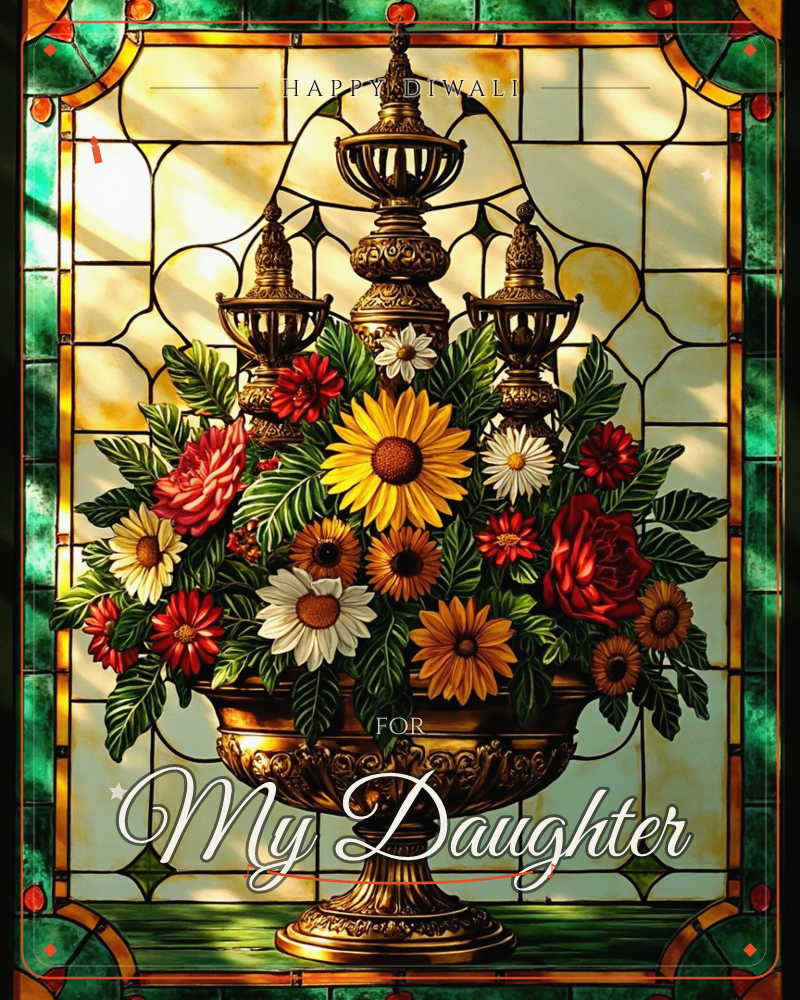 A stained-glass window design shows an ornate bronze urn overflowing with sunflowers, daisies, roses and small red blooms, framed by leaded panes in…, a diwali e-card design
