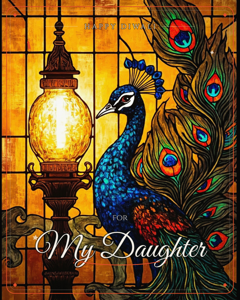 A stained-glass style illustration shows a peacock with an iridescent blue body and a fan of jewel-toned tail feathers standing beside an ornate lamp…, a diwali e-card design