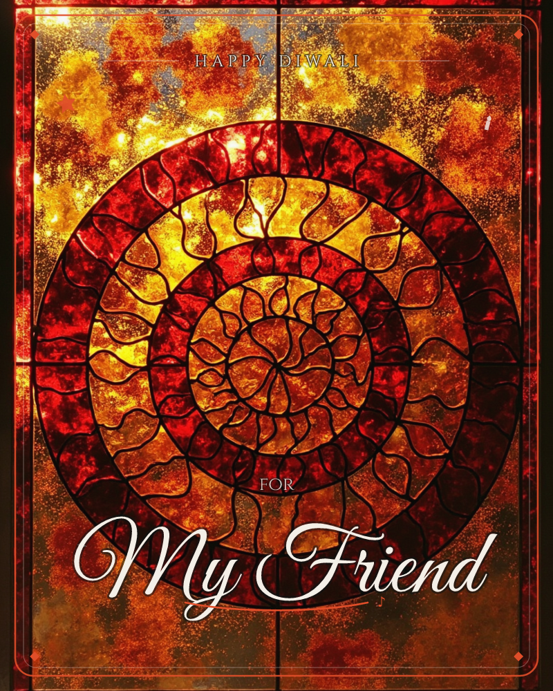 A stained-glass panel glows with a radiating sun-like mandala of concentric rings, each divided into flame-shaped petals leaded in dark metal, a diwali e-card design