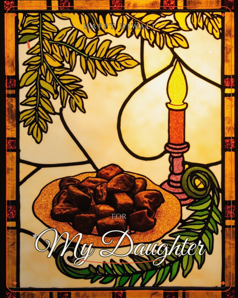 A stained-glass style illustration glows in warm amber tones, showing a plate of dates lit by a tall lit candle, with fern fronds curling below and…, a diwali e-card design
