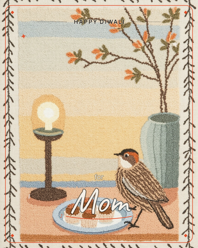 An embroidered-style illustration shows a small brown bird standing beside a plate of mini frosted cakes, with a glowing bare-bulb lamp and a tall…, a diwali e-card design