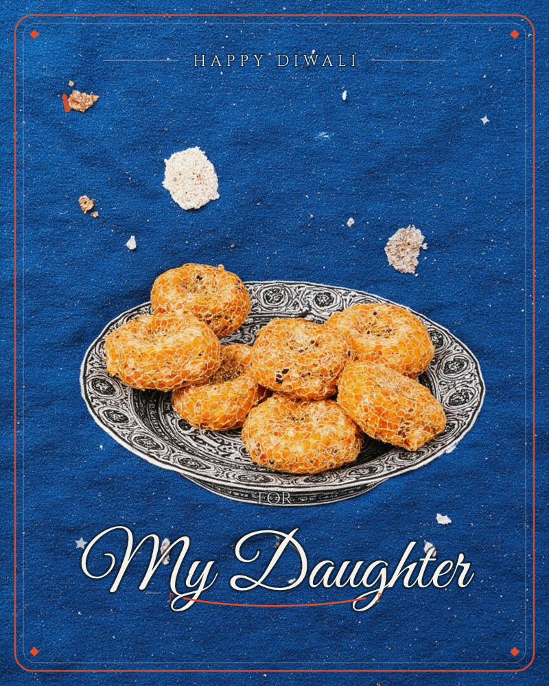 A patterned black-and-white plate holds a small pile of golden, lacy fried biscuits, scattered with crumbs and seeds across a deep navy cloth, a diwali e-card design