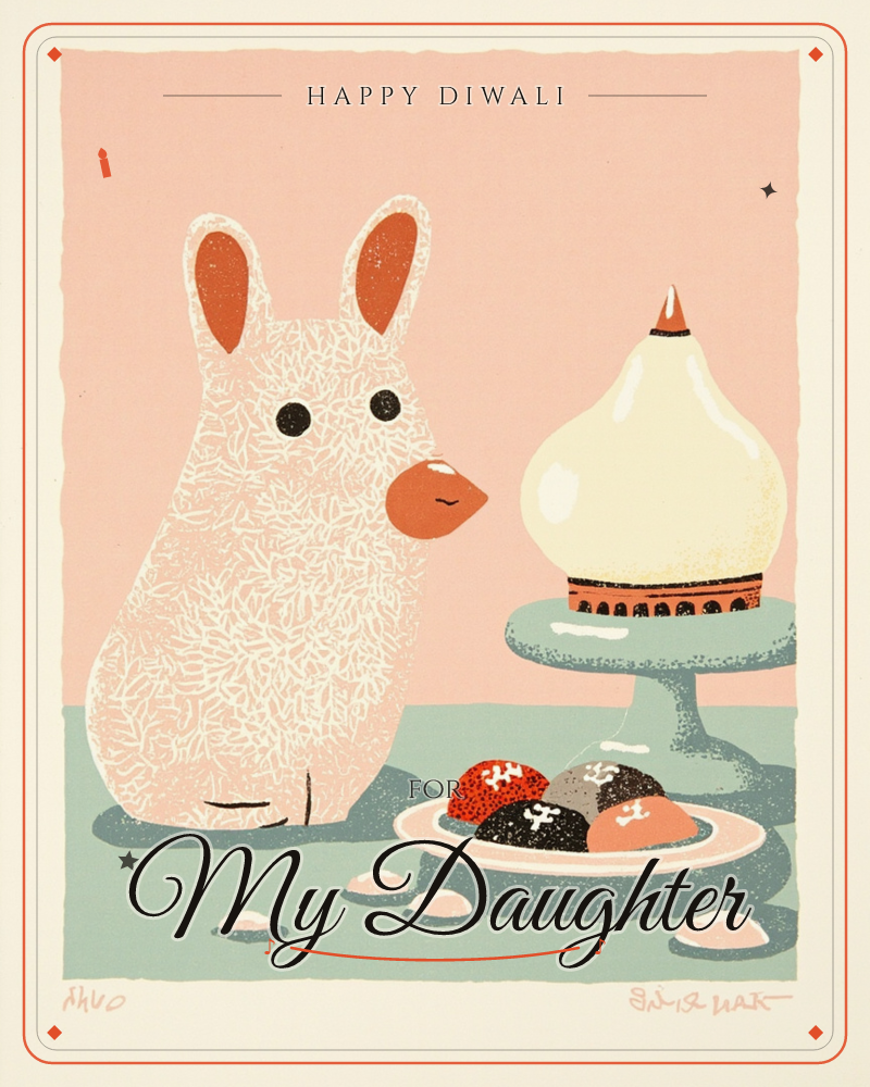 A textured white rabbit with coral ears and a pouty coral-lipped mouth sits on a soft teal floor beside a plate of decorated mochi, while a…, a diwali e-card design