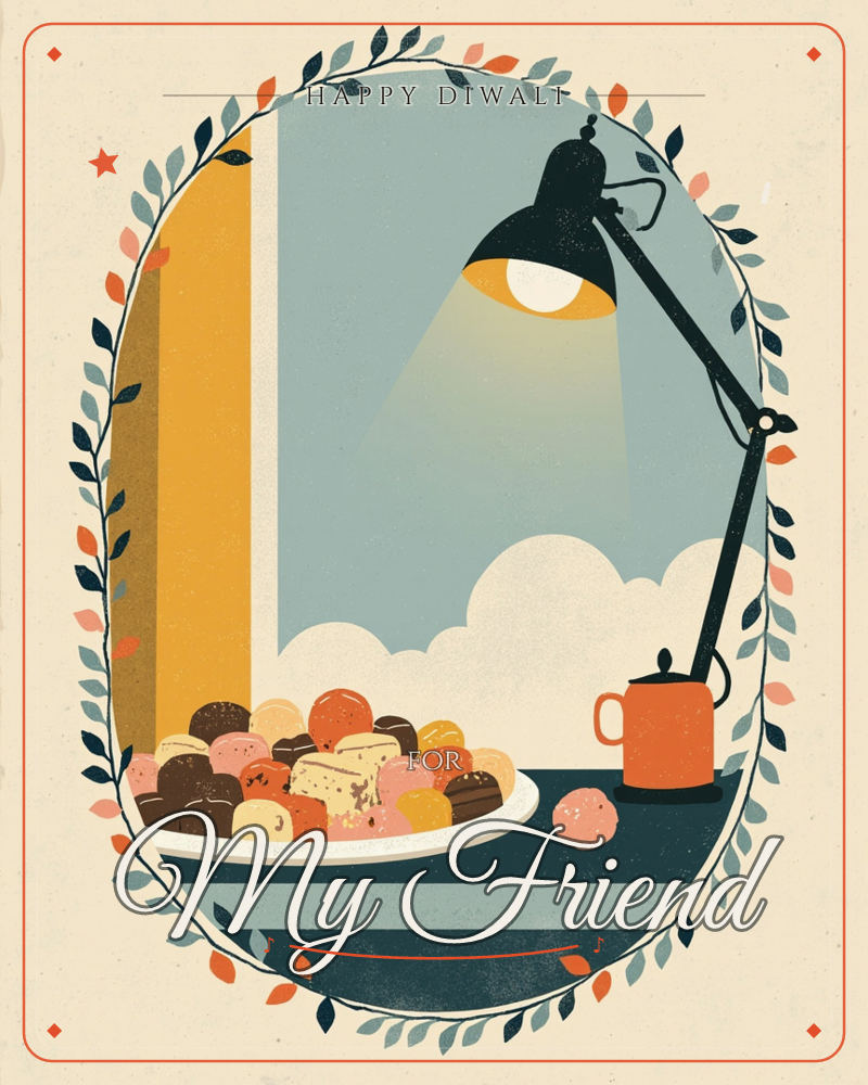 A plate piled with colourful truffles and cake slices sits under the warm glow of an angled desk lamp, an orange mug parked beside it, a diwali e-card design
