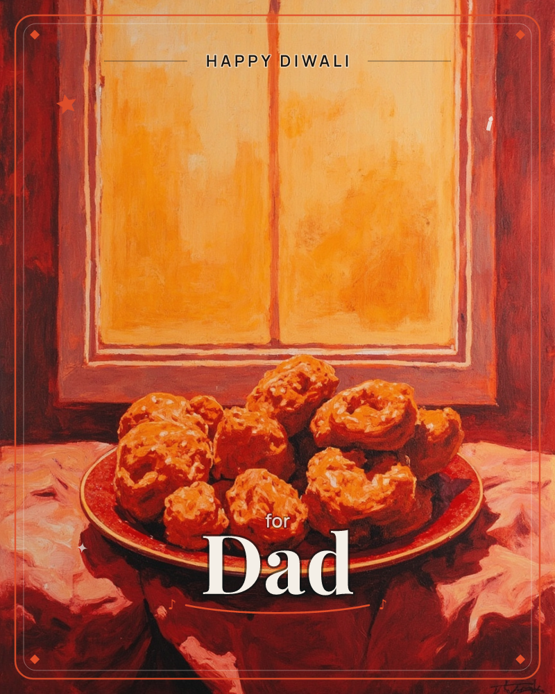 A painted still life shows a red plate piled high with glazed pastries and doughnuts, set on a rumpled cloth beside a glowing amber window, a diwali e-card design