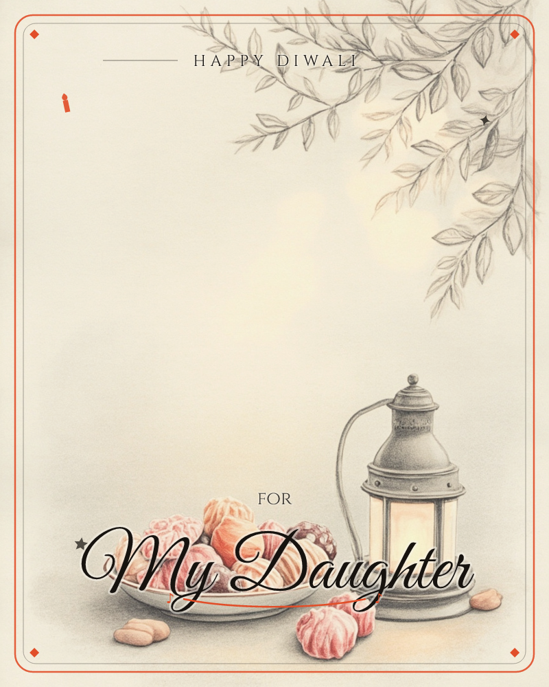 A softly lit lantern glows beside a shallow bowl piled with patterned sweets and macarons, scattered nuts resting on the table nearby, a diwali e-card design