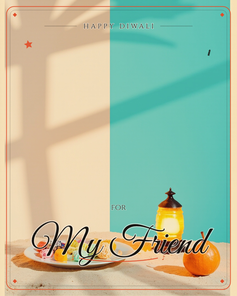 A split backdrop of sandy beige and teal frames a sunlit still life: a plate of colourful sweets sits on sand beside a glowing brass lantern and a…, a diwali e-card design