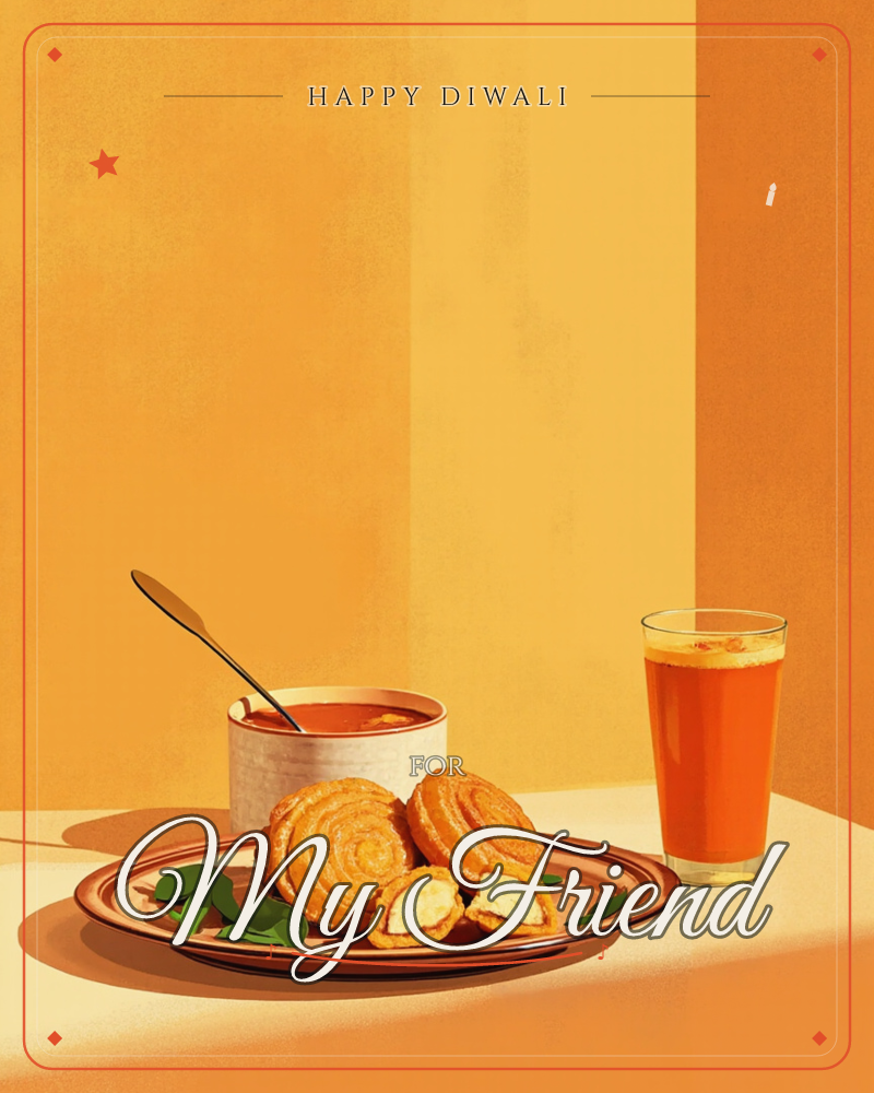 A warm still life on a striped orange backdrop shows a plate of swirled, stuffed pastries beside a bowl of soup and a tall glass of frothy orange chai…, a diwali e-card design