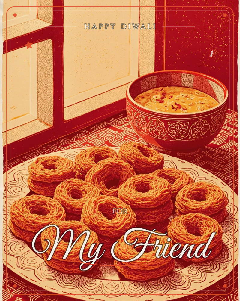 A plate piled with golden, ring-shaped fried pastries sits beside a patterned red bowl of soup, all set on a richly decorated red tablecloth near a…, a diwali e-card design