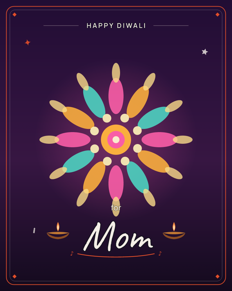 A symmetrical rangoli of pink, saffron and teal petals radiating from a golden centre, with two lit lamps set below it, a diwali e-card design