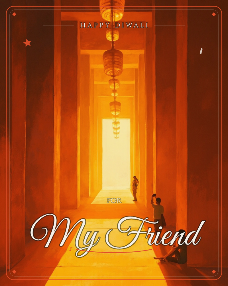 A long temple-like corridor glows entirely in shades of orange, its arched columns receding toward a blinding bright doorway at the end, a diwali e-card design