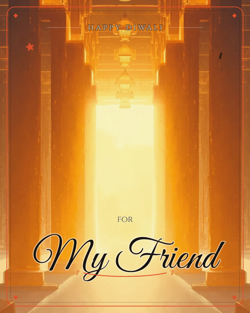 A colonnade of tall stone pillars stretches toward a blazing archway of golden light, small lanterns hanging in a row along the ceiling above, a diwali e-card design