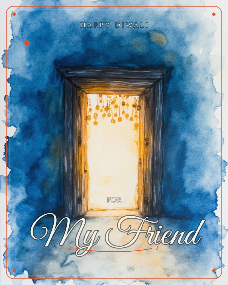 A wooden doorway stands open in a wash of deep indigo, warm golden light pouring through it and spilling across the floor, a diwali e-card design
