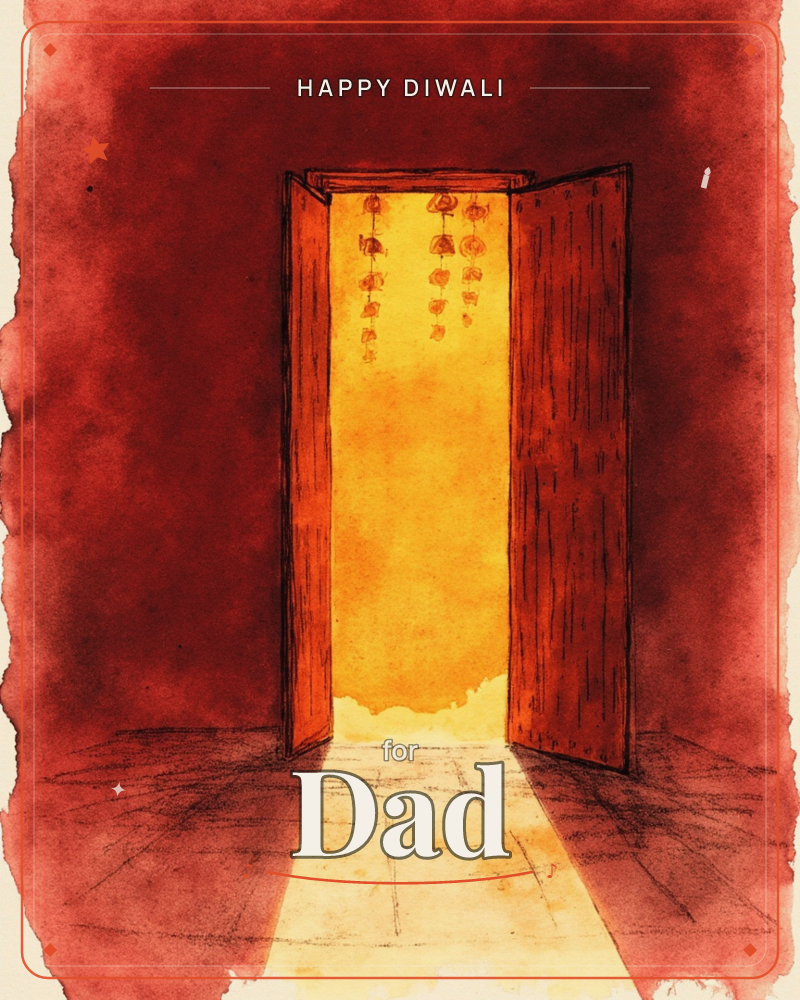 A pair of red wooden doors stand open onto a wash of golden light, with strings of small lanterns or charms hanging just beyond the threshold, a diwali e-card design