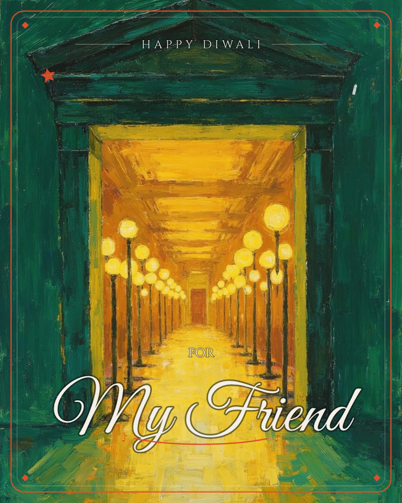 A painted archway in deep emerald green opens onto a glowing golden corridor lined with globe streetlamps on either side, leading the eye toward a…, a diwali e-card design