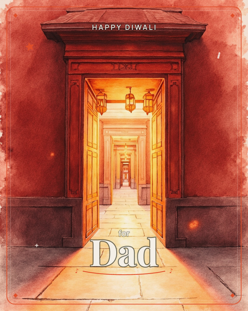 A grand open doorway sits in a deep red wall, revealing an endless corridor of identical arched doors and glowing lanterns that recede into golden light, a diwali e-card design
