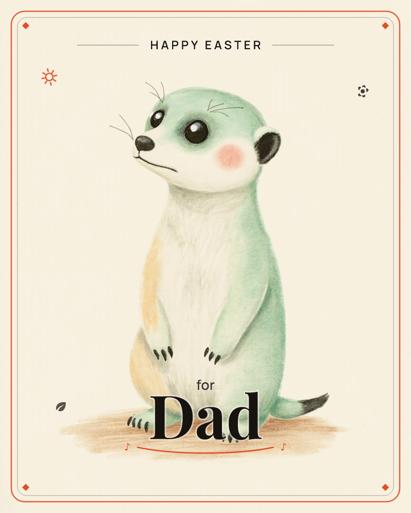 A single meerkat stands upright on a small patch of sandy ground against a plain cream background, its sage-green fur, white belly, and rosy cheeks…, a easter e-card design