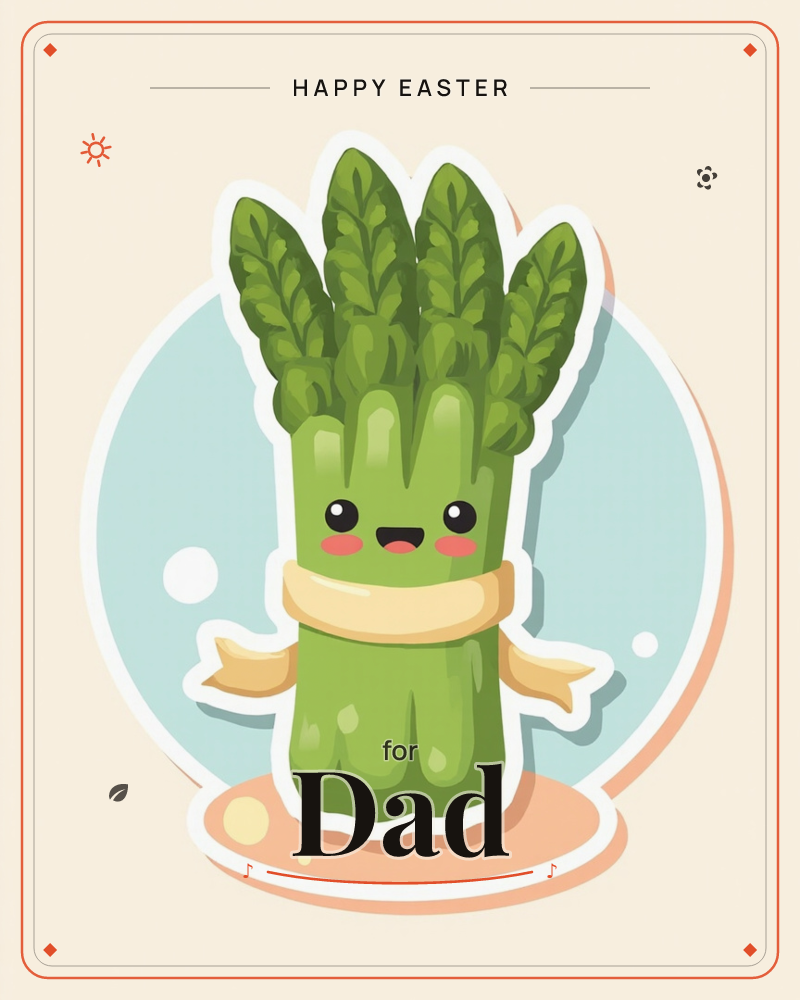 A bundle of asparagus spears is drawn as a cheerful cartoon character with a happy blushing face, wrapped snugly with a pale ribbon like a little belt, a easter e-card design