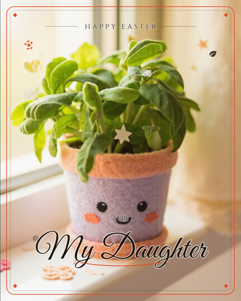 A cheerful felt plant pot with a smiling face and rosy cheeks sits on a sunny windowsill, holding a leafy green plant that's just starting to sprout…, a easter e-card design