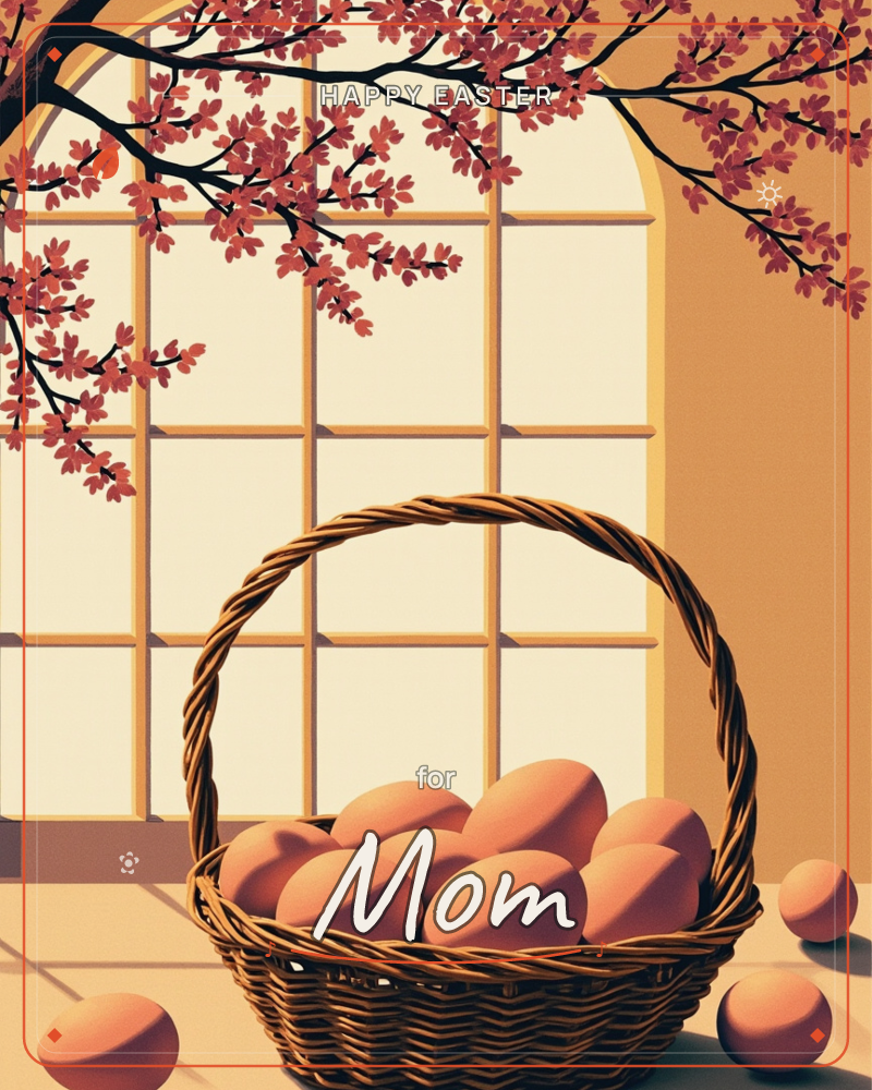 A woven basket brimming with round eggs sits on a sunlit floor before a tall arched window, its warm amber glow filling the panes, a easter e-card design