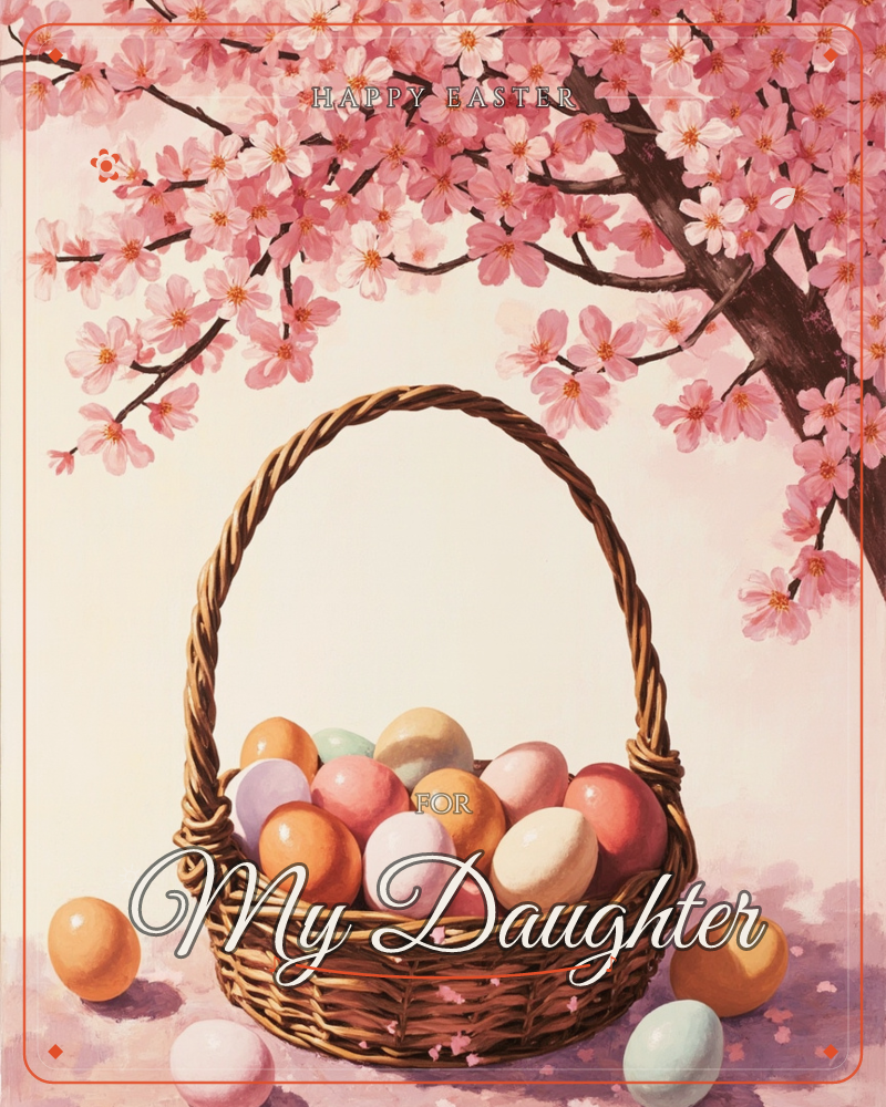 A woven basket brims with pastel-dyed eggs in orange, pink, mint and cream, sitting beneath a cherry blossom branch heavy with pink flowers, a easter e-card design