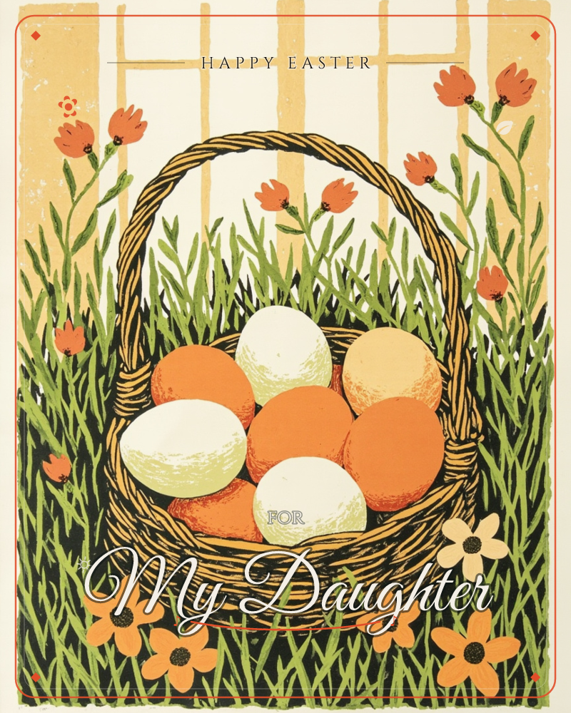 A woven basket sits nestled in tall grass, filled with speckled eggs in cream, orange and pale yellow, a easter e-card design