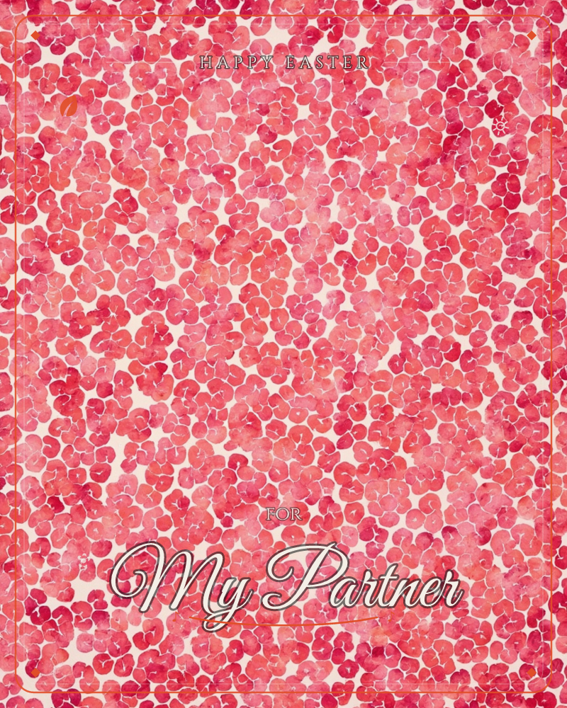 A dense field of small watercolour petals in shades of red and pink covers the whole page, each one loosely painted with soft, overlapping edges, a easter e-card design