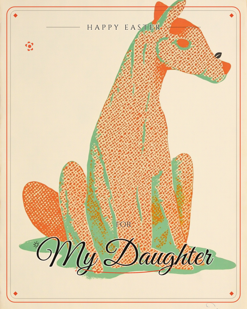 A stylised dog sits in profile against a plain cream background, its whole body covered in a dense orange dot pattern outlined in mint green, a easter e-card design
