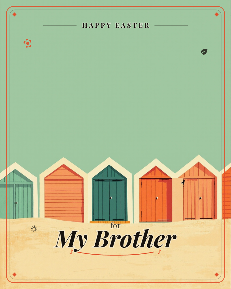 A row of pitched-roof beach huts lines a pale sandy shore, painted in alternating teal, orange and cream with a mint-green sky stretching empty above, a easter e-card design