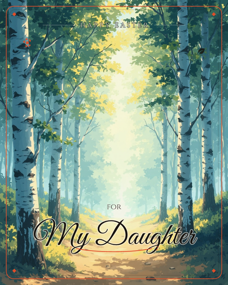 A sunlit path winds through a birch grove, white bark trunks lining both sides as pale gold light filters through overhanging green leaves, a easter e-card design