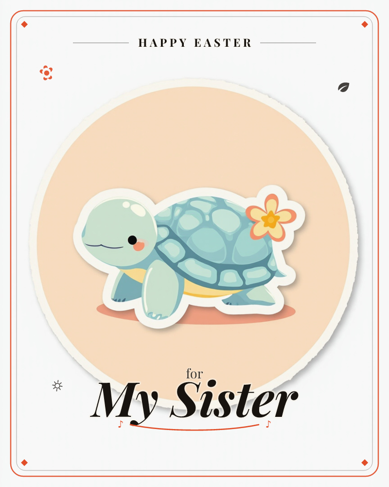 A round peach-toned badge holds a chubby cartoon turtle with a blushing cheek and a small orange flower tucked by its tail, a easter e-card design