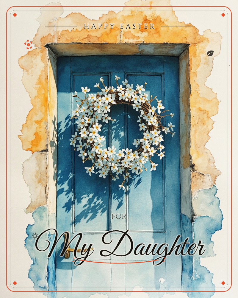 A weathered blue door is set into a sun-bleached ochre and blue wall, painted in loose watercolour washes, a easter e-card design