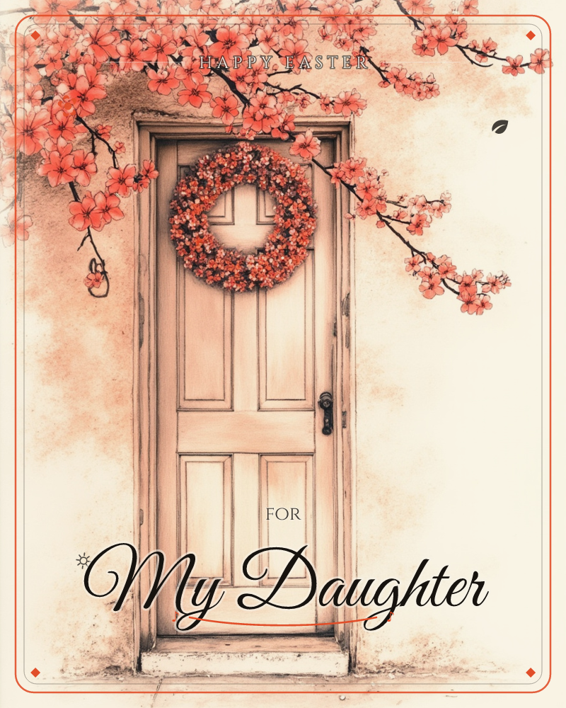 A weathered wooden door sits framed by cascading branches of coral-pink blossoms, with a matching flower wreath hung at its centre, a easter e-card design