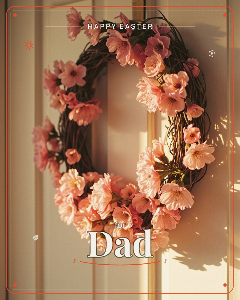 A twig wreath studded with clusters of pink cherry-blossom-like flowers hangs on a cream-panelled door, caught in warm late afternoon sunlight that…, a easter e-card design