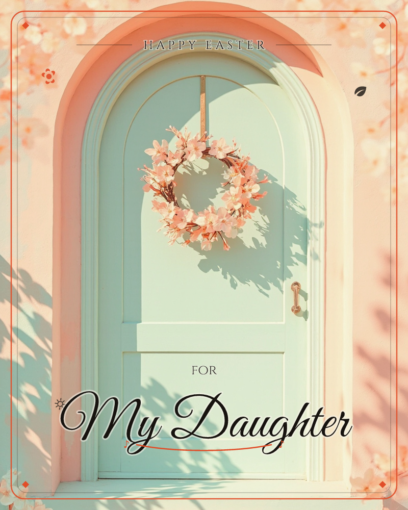 An arched mint-green door sits within a peach-toned wall, framed by blossom branches whose dappled shadows fall across the paint, a easter e-card design