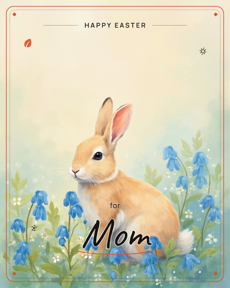 A soft golden-brown rabbit sits amid a cluster of blue bellflowers and tiny white blossoms, its tall ears catching the light against a hazy cream and…, a easter e-card design