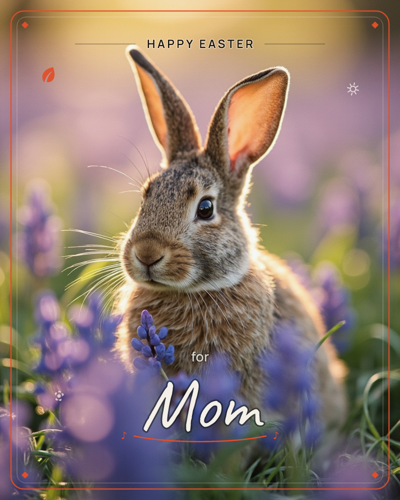 A brown rabbit sits upright amid a field of purple hyacinth-like flowers, its tall ears backlit by warm golden light, a easter e-card design