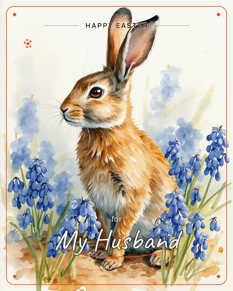 A watercolour rabbit sits upright on bare earth, ears tall and alert, surrounded by clusters of deep blue grape hyacinths, a easter e-card design
