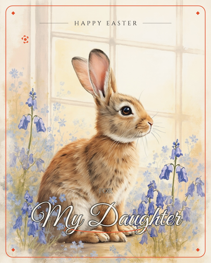 A brown rabbit sits alert beside a sunlit windowpane, surrounded by clusters of blue bellflowers and small forget-me-nots, a easter e-card design