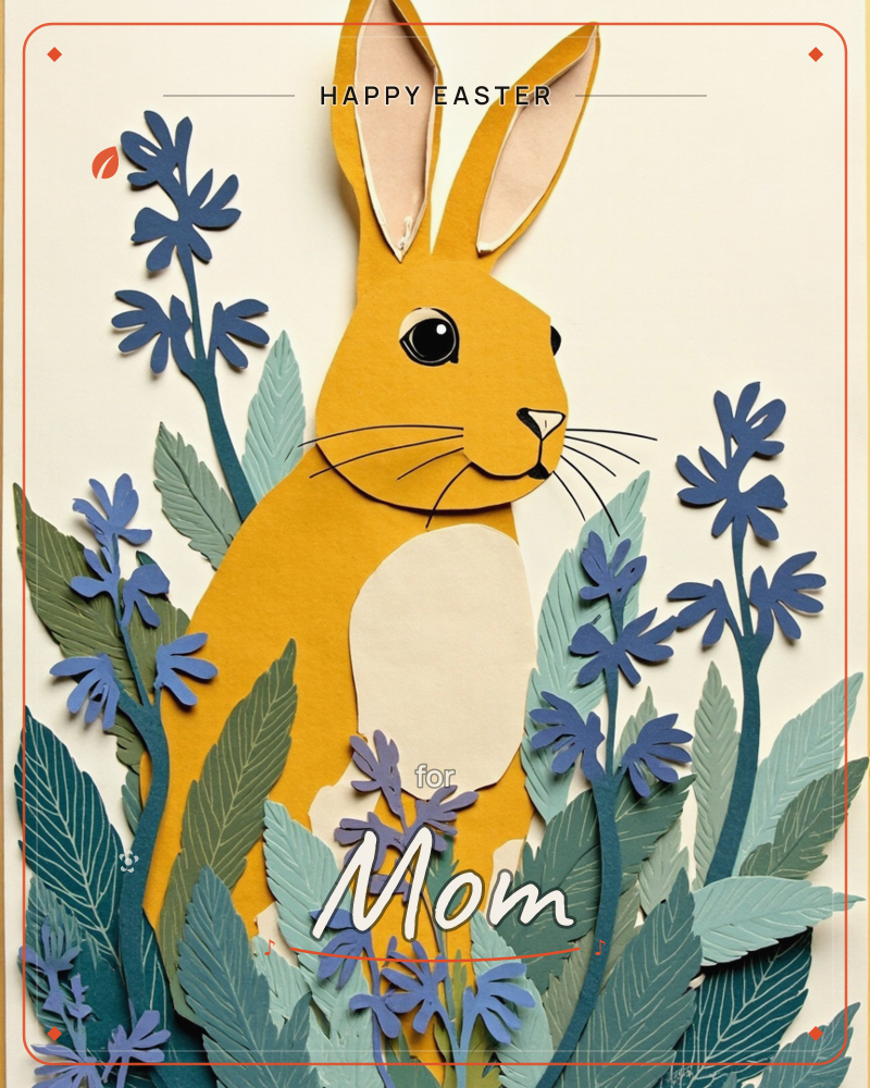 A mustard-yellow paper rabbit sits upright amid layered paper foliage and clusters of blue flowers, its long ears rising above the greenery on a cream…, a easter e-card design