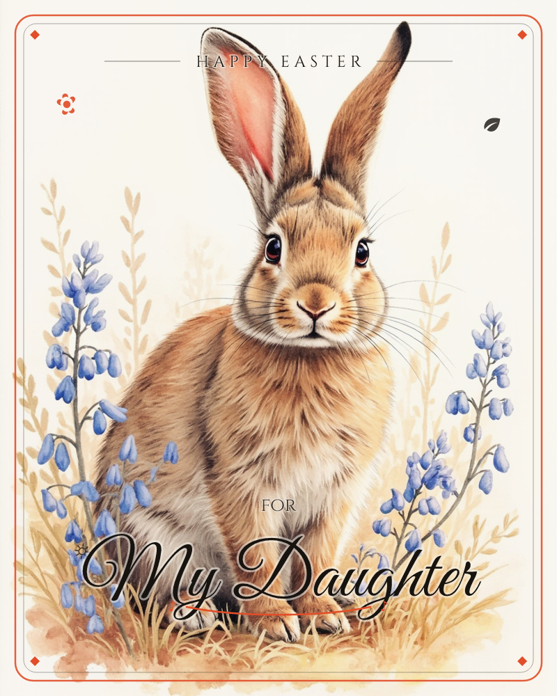 A brown rabbit sits upright amid tall grasses and drooping bluebell stems, ears raised high and whiskers fanned out against a plain cream background, a easter e-card design