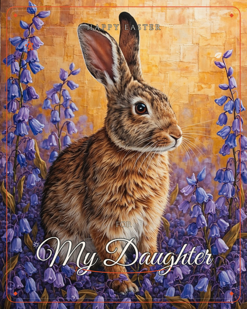 A hare sits alert amid tall bluebells, its russet-brown fur rendered in fine, feathery detail against a warm golden-textured background, a easter e-card design
