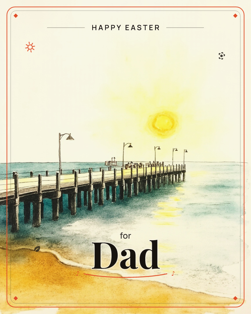 A long wooden pier stretches out over calm turquoise water, lined with lampposts and a scattering of small figures fishing or strolling near its end, a easter e-card design