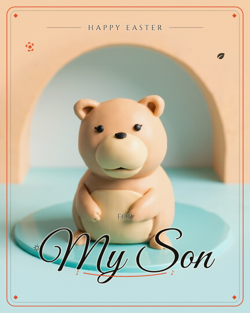 A pudgy tan bear figurine sits upright on a glossy mint disc, paws resting on its round belly, framed by a pale arched niche, a easter e-card design
