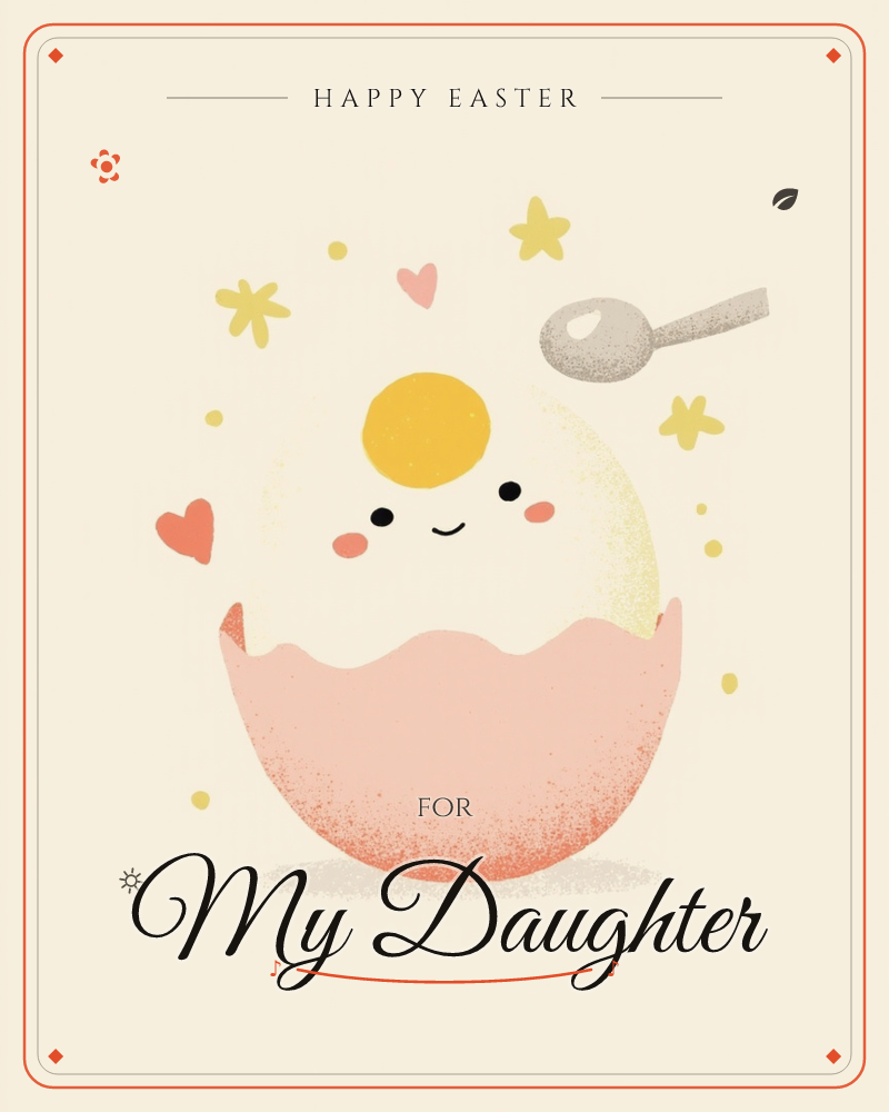A cracked pastel-pink eggshell holds a happy sunny-yolk face with rosy cheeks, smiling out at the world, a easter e-card design