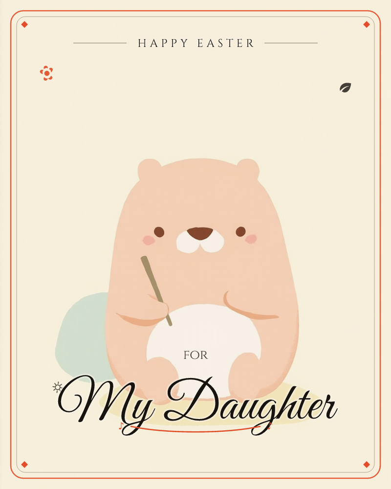 A round, blush-pink cartoon bear sits front and centre against a soft cream background, holding a thin twig in one paw and resting a plump white belly…, a easter e-card design