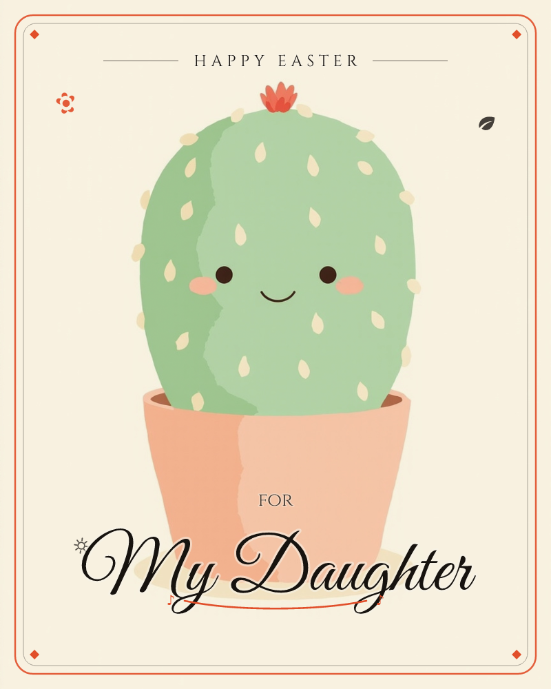 A round-topped cactus with a happy blushing face sits in a terracotta pot against a warm cream background, a easter e-card design